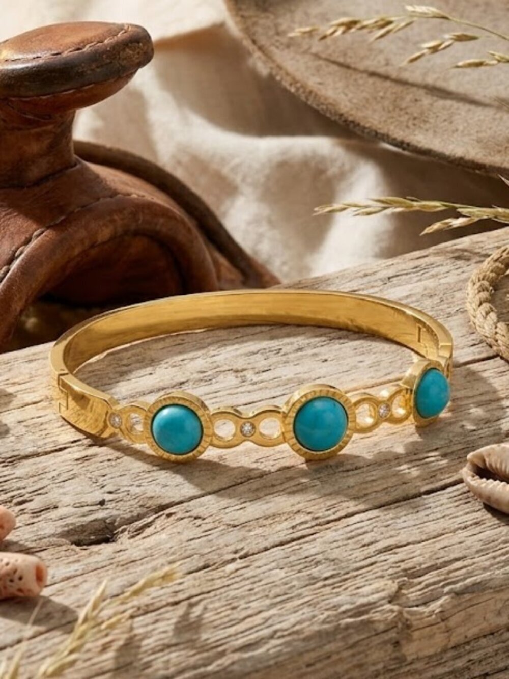 18K Gold Plated Turquoise Bangle Bracelet Cubic Zirconia Hinged Coastal 2.2"